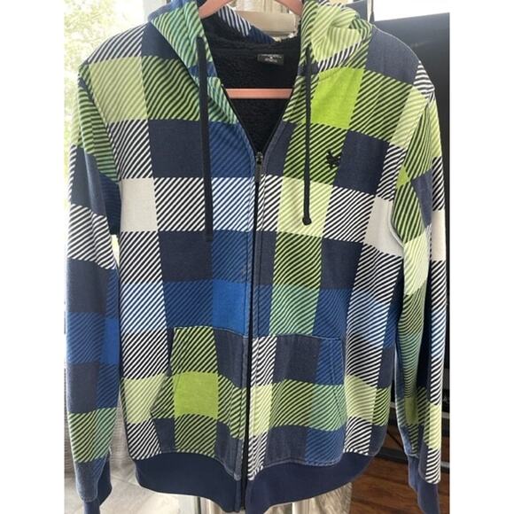 Vintage 90s Y2K Grunge Baggy Plaid Zoo York Sherpa Zip Hoodie Jacket Mens Size M - Picture 1 of 11